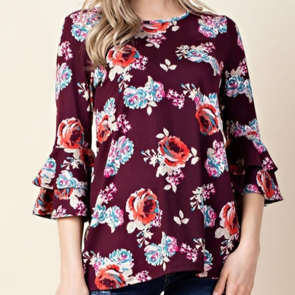 💖Burgundy Floral Ruffle Sleeve Tunic Top - Picture 3 of 3
